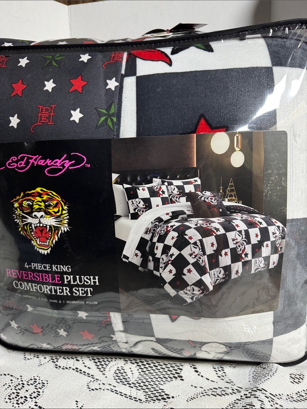 Ed Hardy 4 Piece King Reversible Plush Comforter Set Checkered Cowboy Skull Star